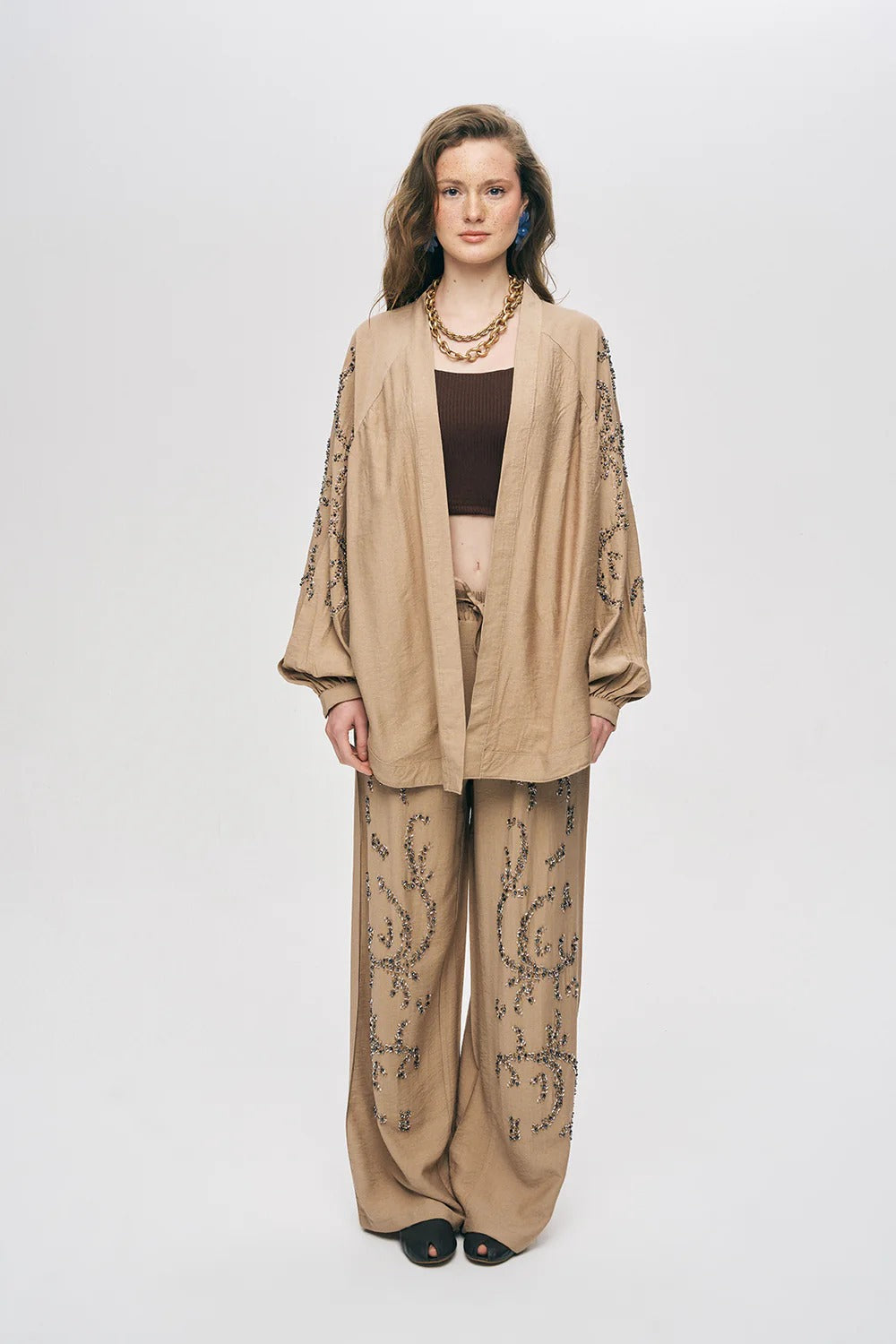 Limited Collection Sapphire Beaded Silky Viscose Oversized Kimono - Beige