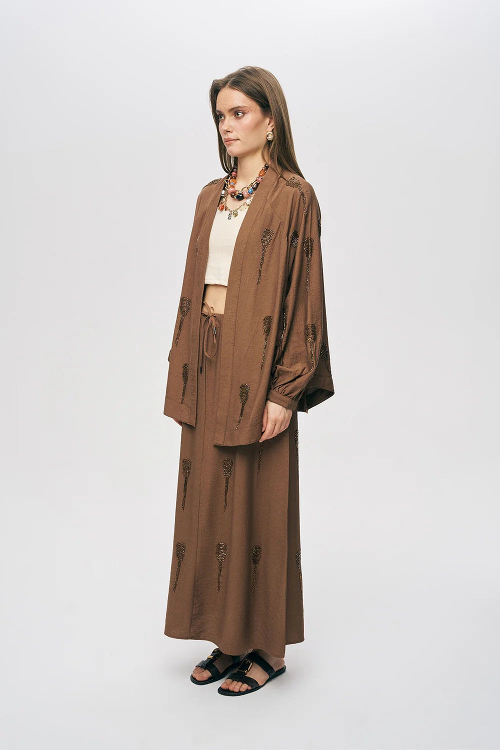 Limited Collection Hand-Made Beaded Oversized Kimono –  Brown