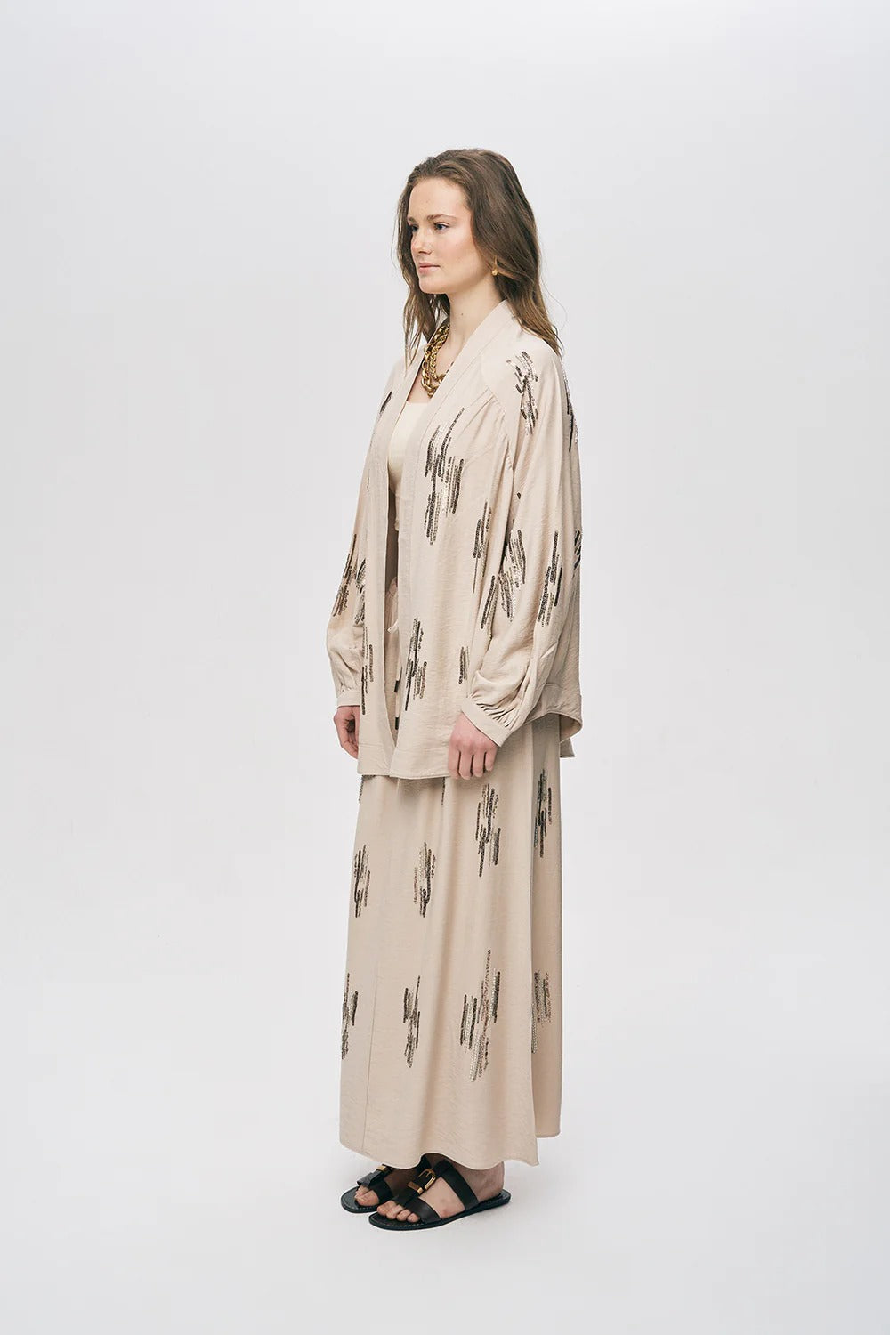 Glow Sequin & Beaded Oversized Viscose Kimono – Beige