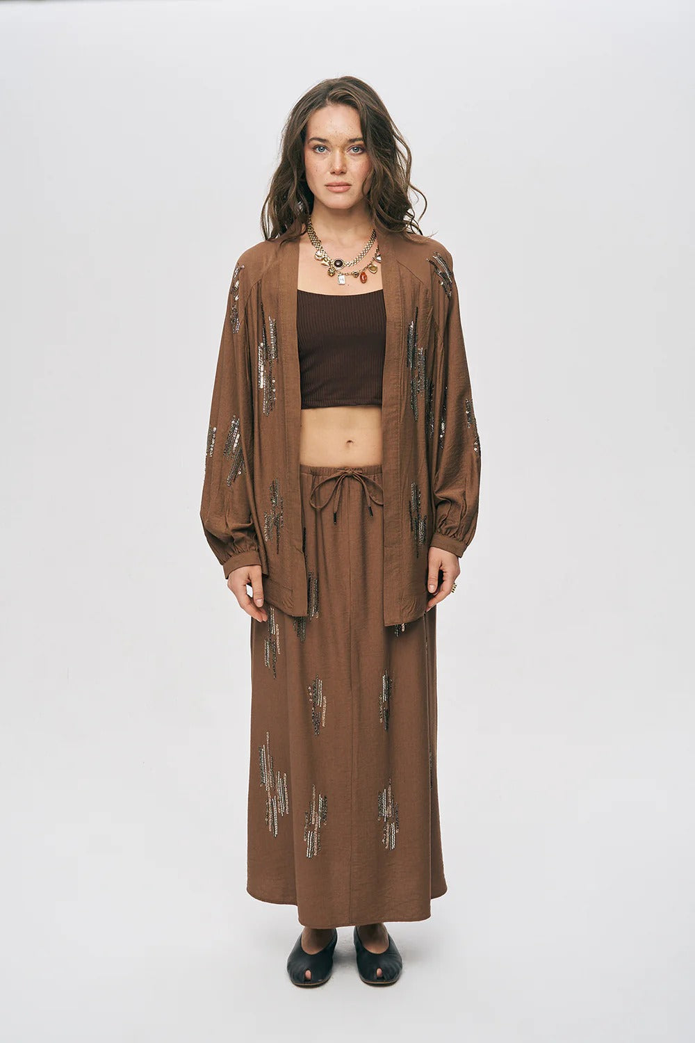 Glow Sequin & Beaded Oversized Viscose Kimono – Brown