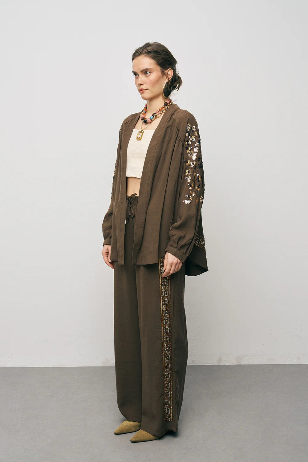 Limited Collection Elegant Sparkle Sequin & Beaded Oversized Kimono – Brown