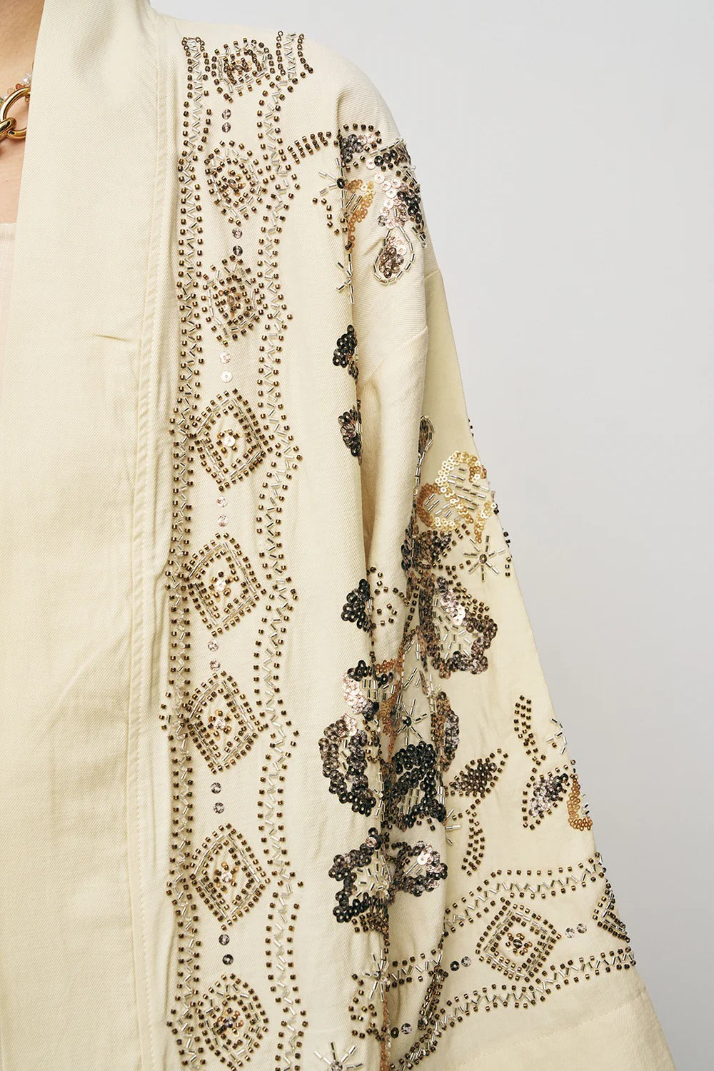 Limited Collection Ethnic Glow Beaded & Embroidered Luxury Lyocell Oversized Kimono - Yellow