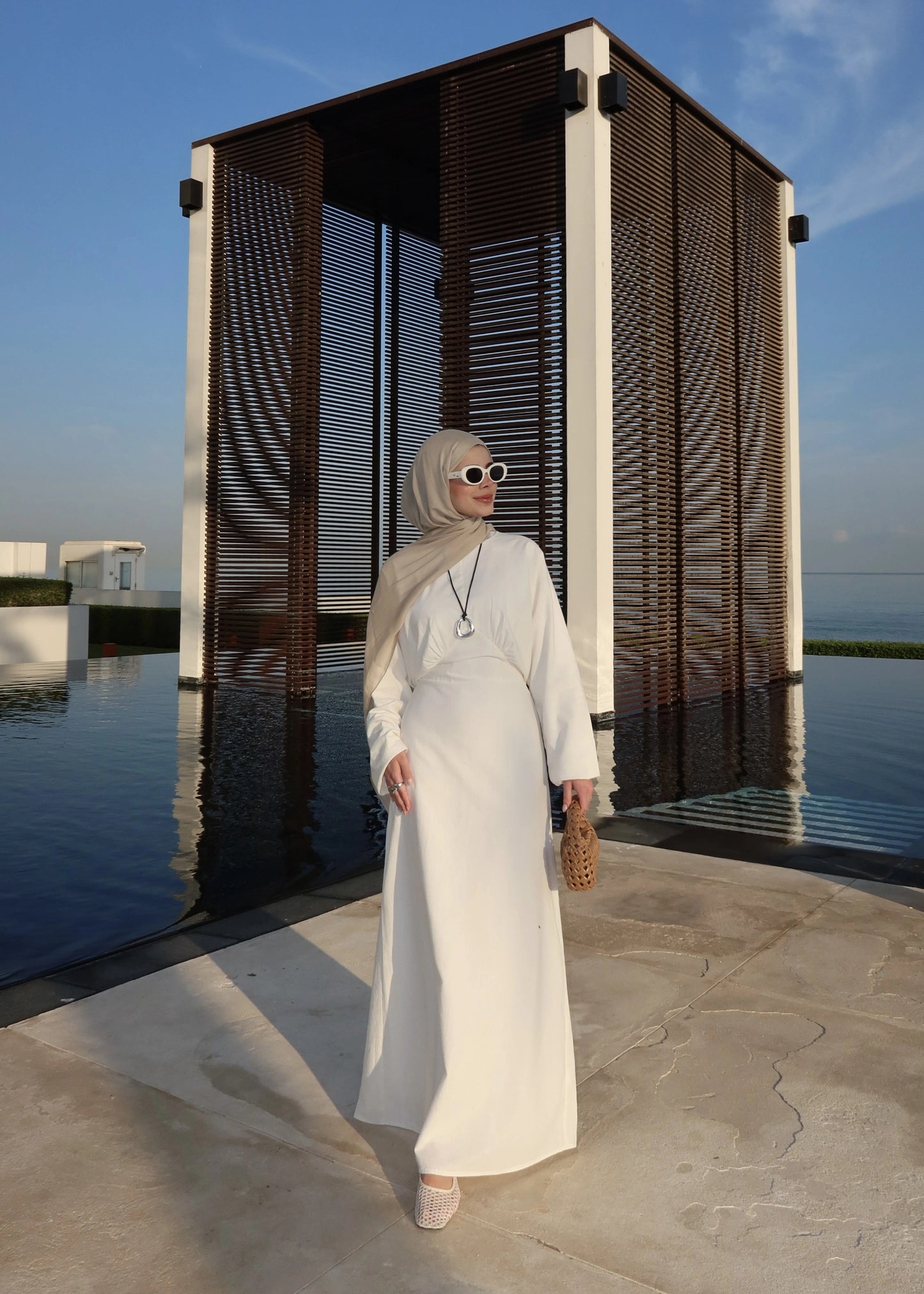 White Cotton Tie-Back Maxi Dress - Waist Detail Long Sleeve Gown