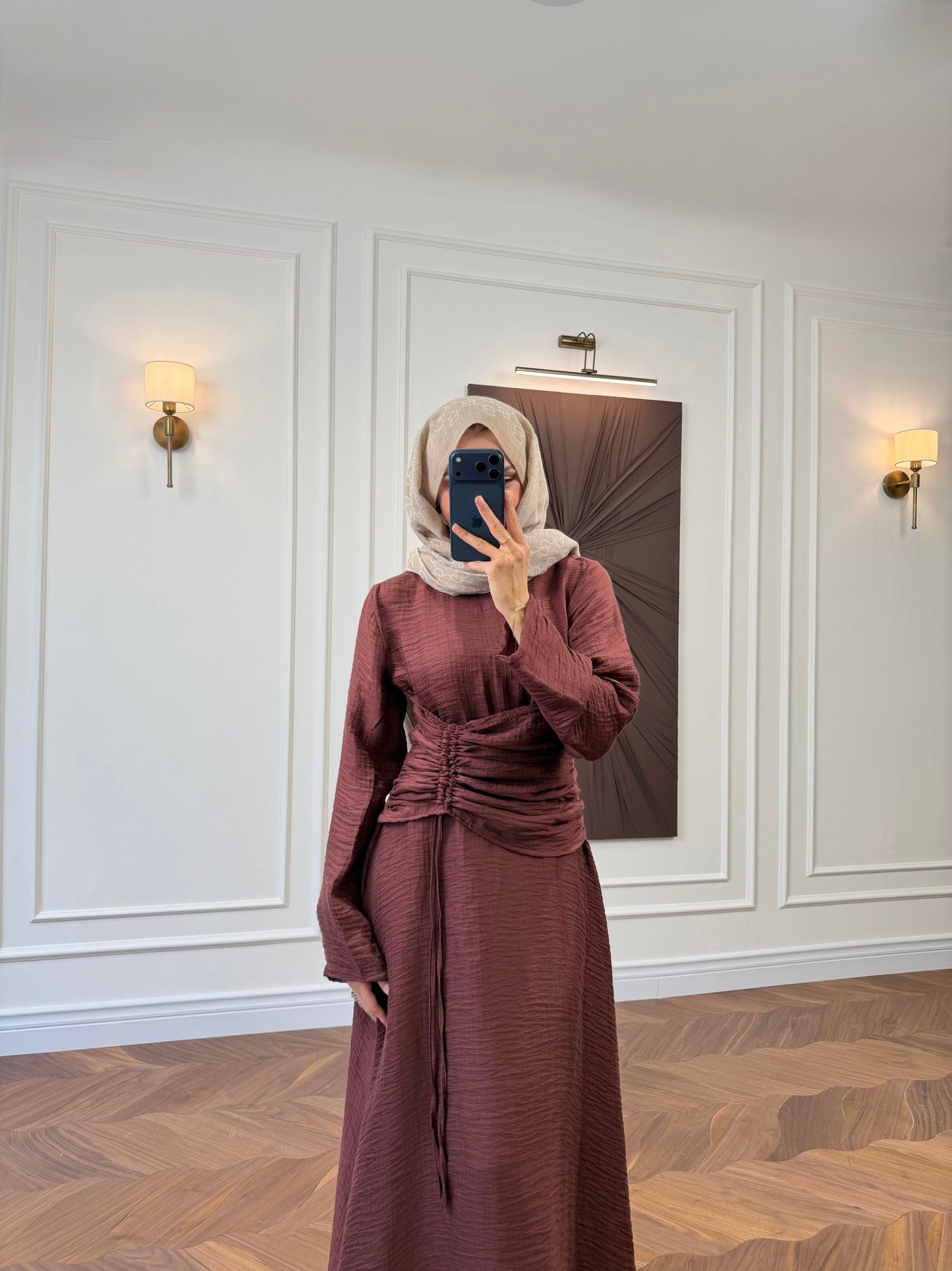 Burgundy Ruched Drawstring Waist Maxi Dress with Flared Sleeves