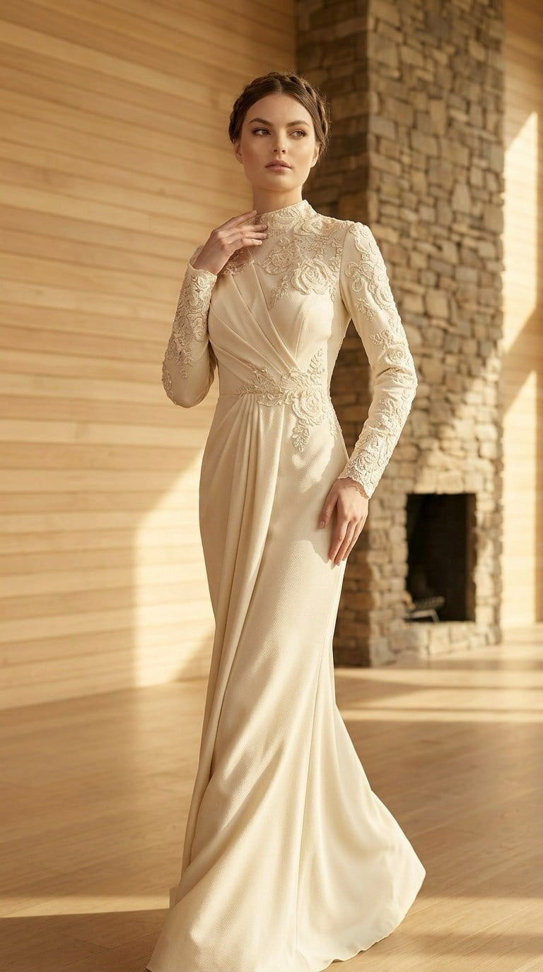 cream modest maxi dress Modest Cream Evening Gown With Long Sleeve 44961KR