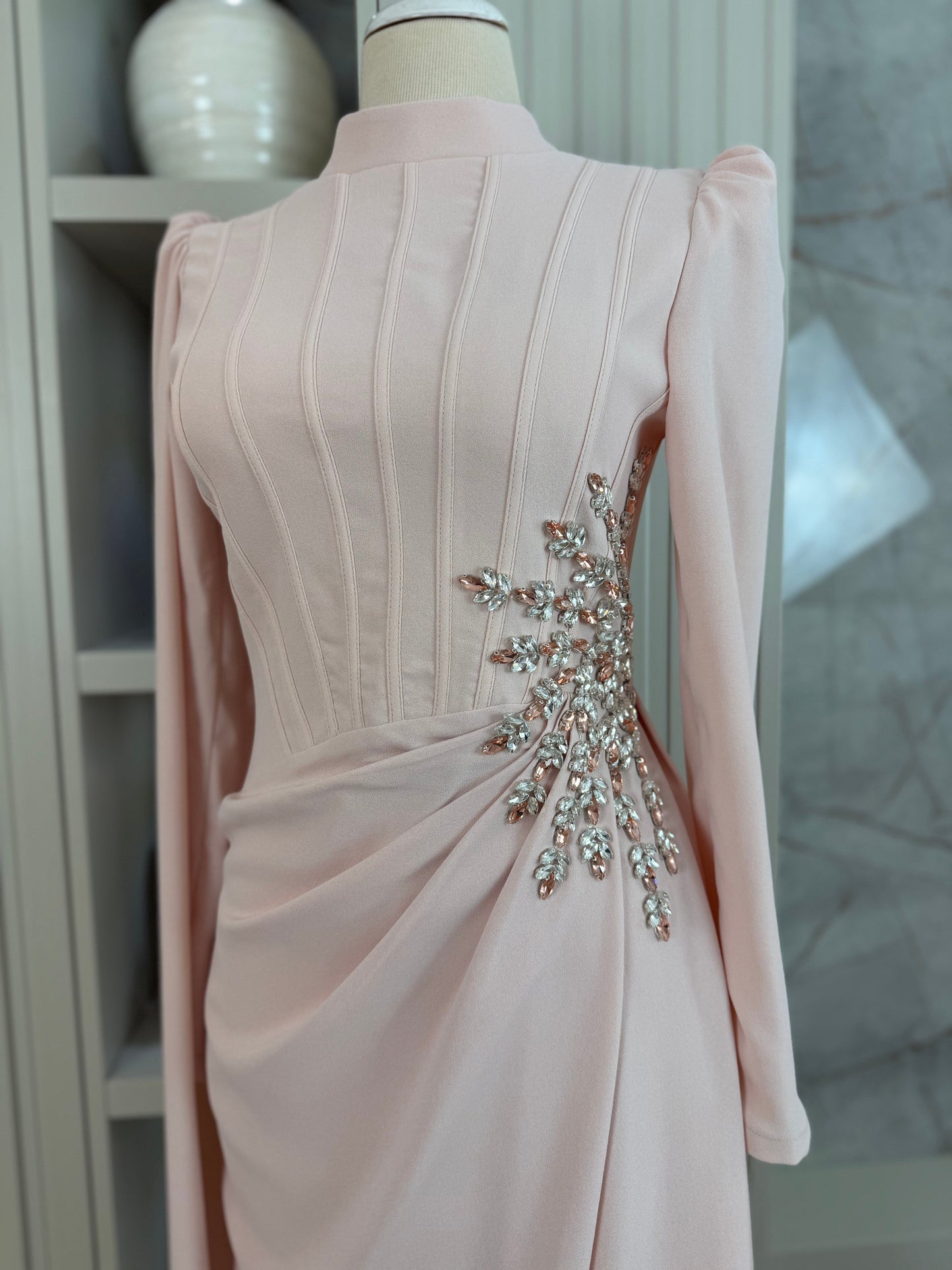 Poudra Beaded Long Sleeve Evening Gown