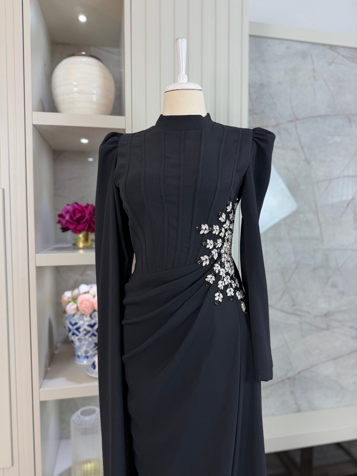 Black Beaded Long Sleeve Evening Gown