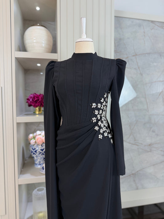 Black Beaded Long Sleeve Evening Gown