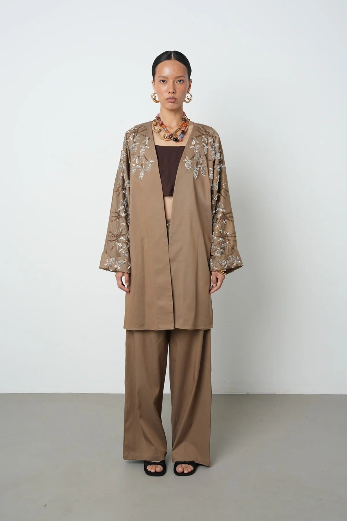 Limited Collection Beaded Collar & Sleeve Detail Oversized Long Kimono – Earth Tone