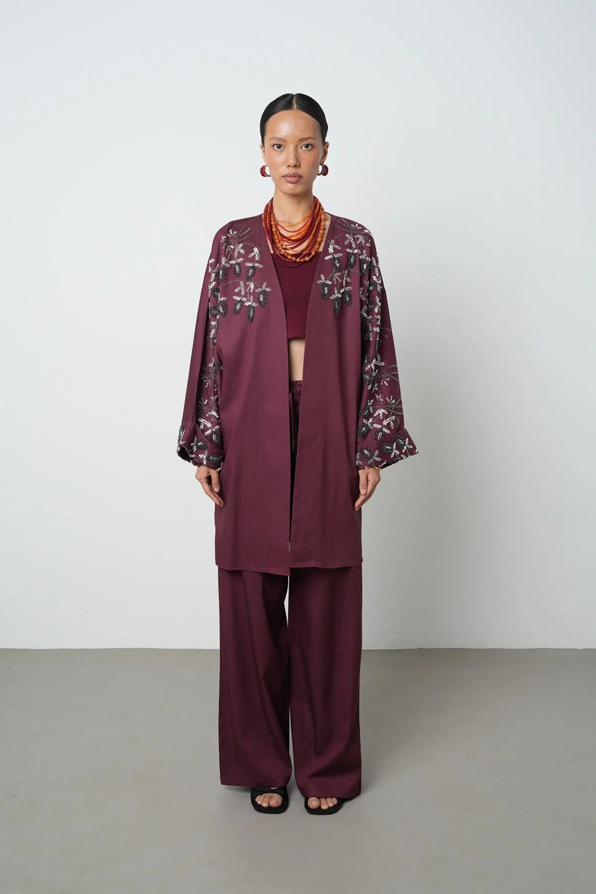 Limited Collection Beaded Collar & Sleeve Detail Oversized Long Kimono – Burgundy