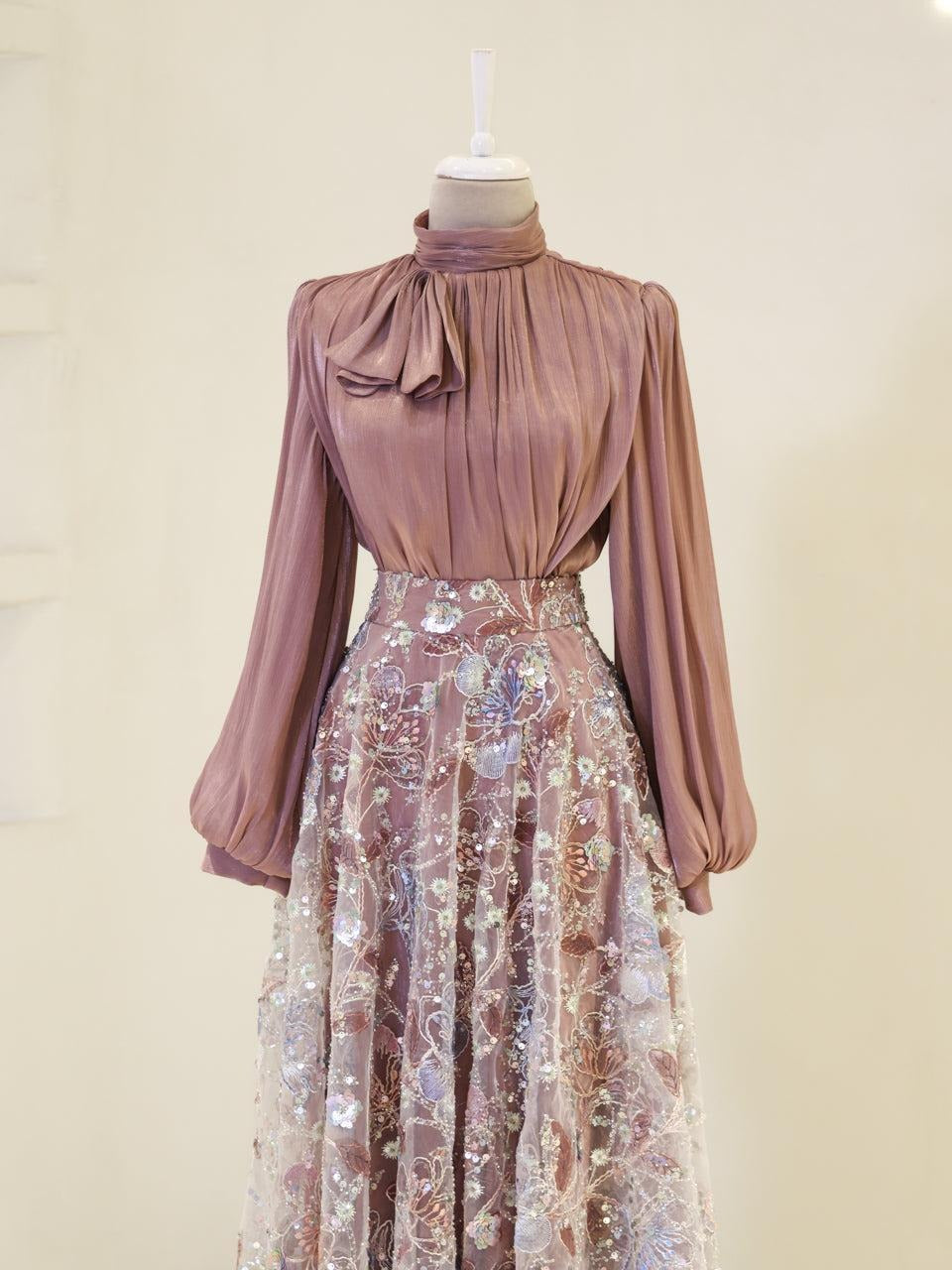 Lisbonne Orchid & Embroidery Modest Evening Gown - Rose