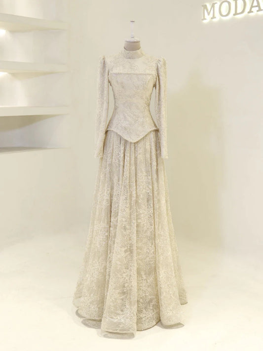 Lace Corset Modest Evening Gown - Beige