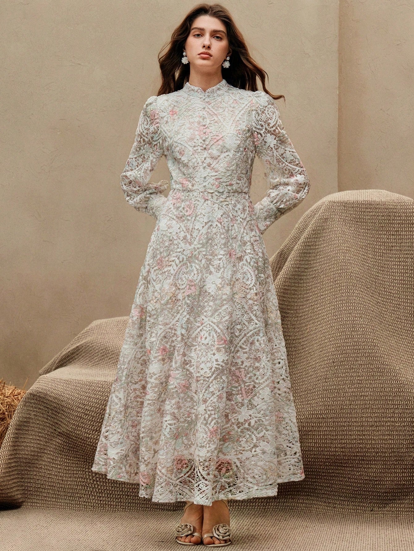 Watercolor Print Patchwork A-Line Dress with Lantern Sleeves & Embroidered Collar