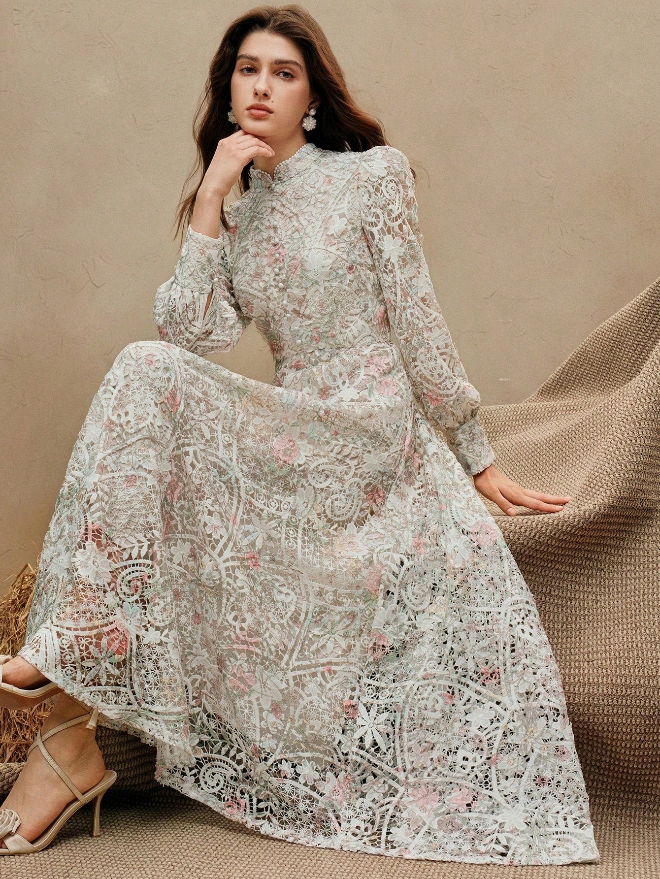 Watercolor Print Patchwork A-Line Dress with Lantern Sleeves & Embroidered Collar