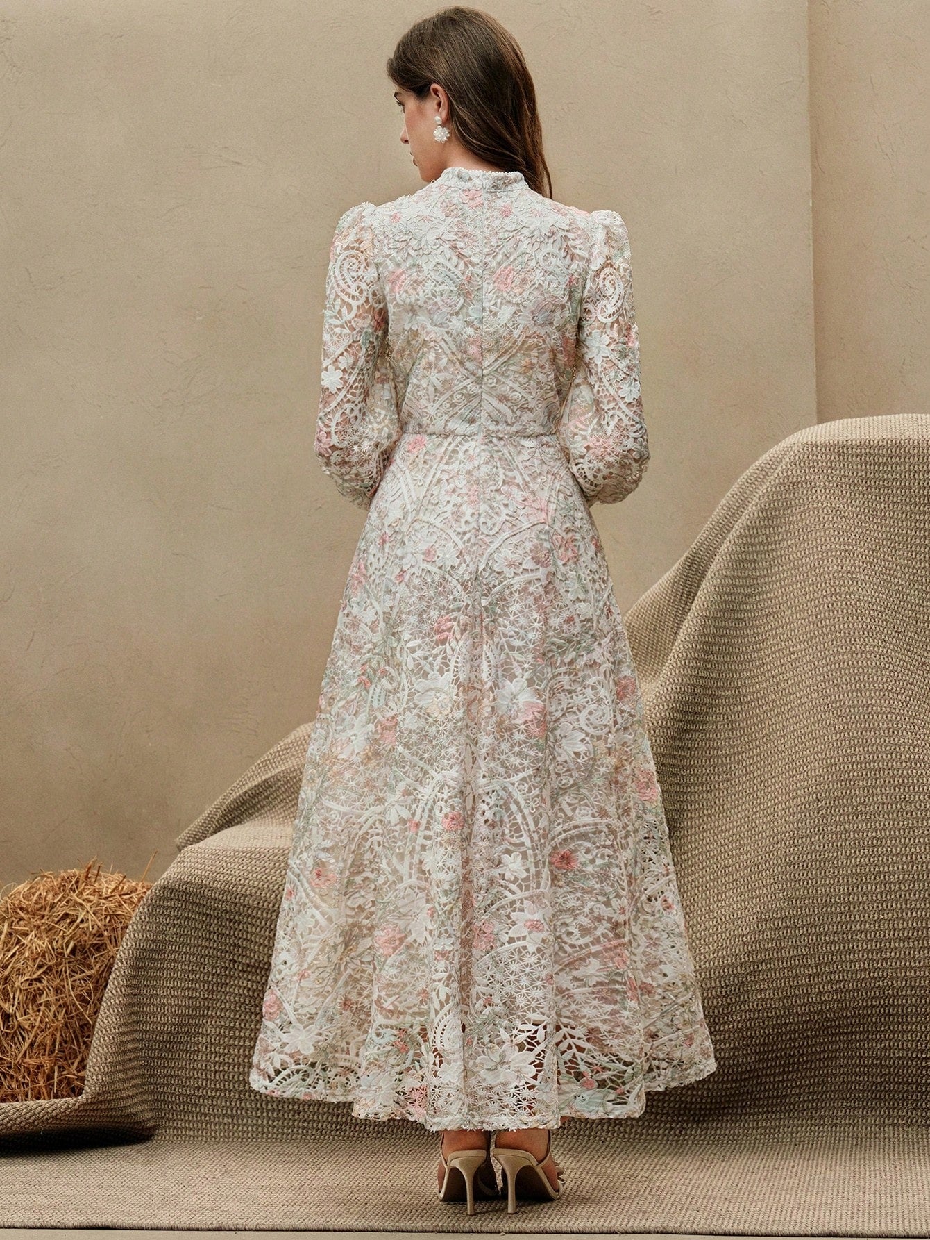 Watercolor Print Patchwork A-Line Dress with Lantern Sleeves & Embroidered Collar