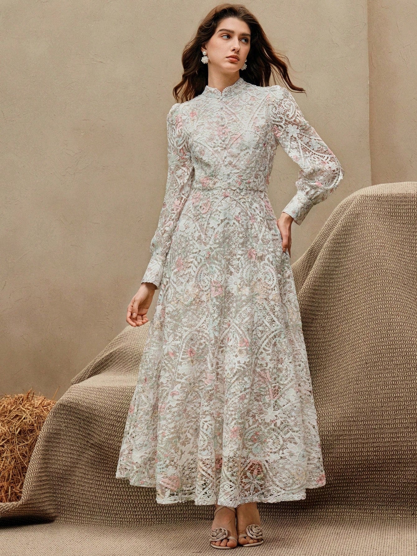 Watercolor Print Patchwork A-Line Dress with Lantern Sleeves & Embroidered Collar