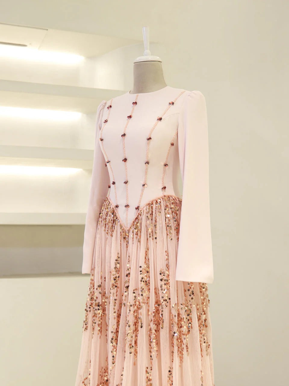 Nada Satin and Tulle Modest Evening Dress -Poudra