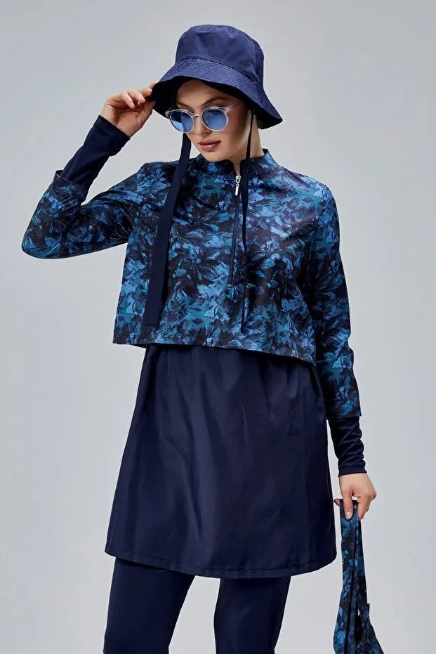 Midnight Blue Patterned Full Coverage Burkini - 3 Piece Zip-Up Swimsuit