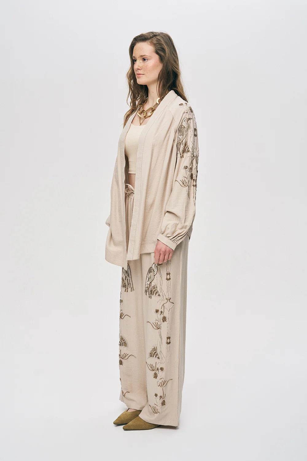 Limited Collection Oriental Bird & Floral Beaded Oversized Kimono – Light Beige