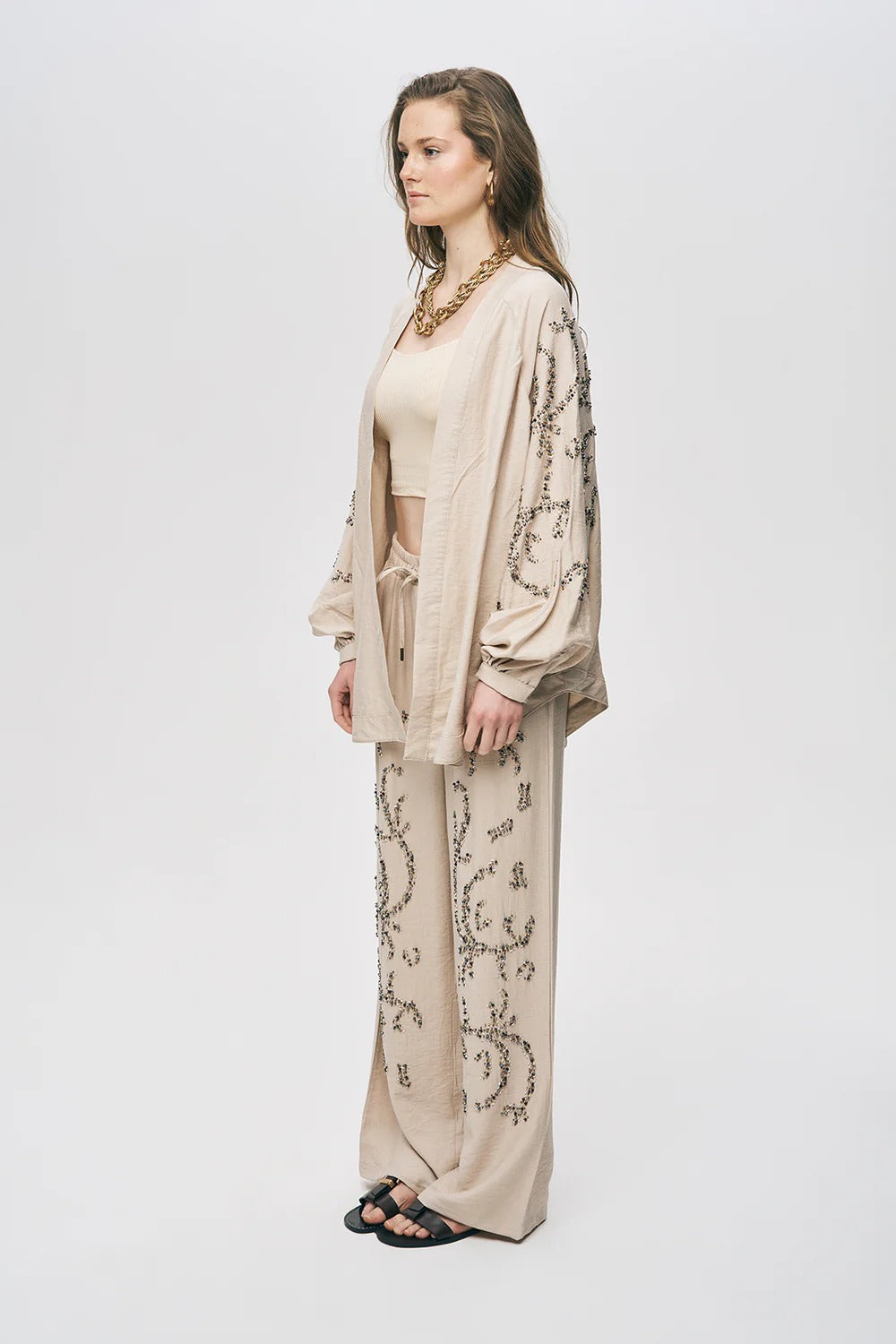 Limited Collection Sapphire Beaded Silky Viscose Oversized Kimono - Light Beige