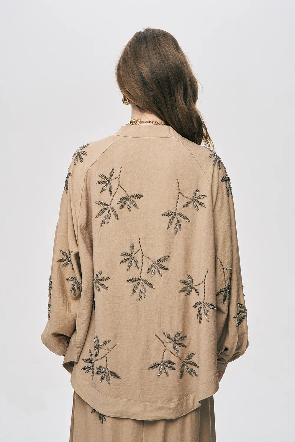 Limited Collection Leaf Embroidered Oversized Draped Kimono – Beige