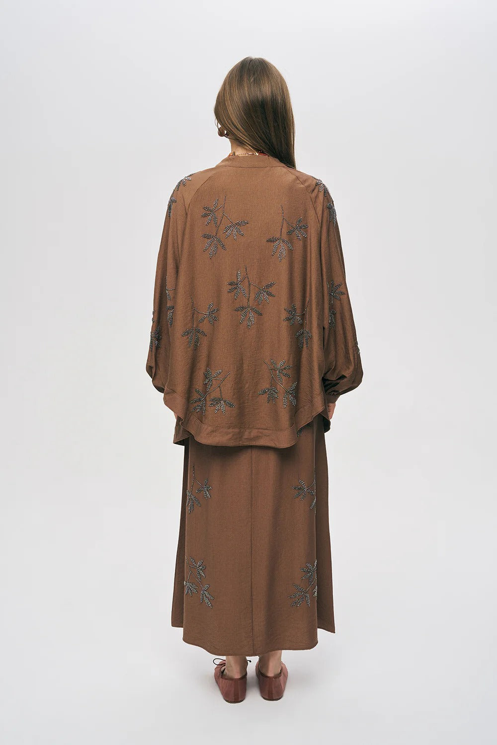 Limited Collection Leaf Embroidered Oversized Draped Kimono – Brown