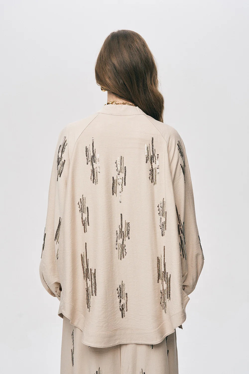 Glow Sequin & Beaded Oversized Viscose Kimono – Beige