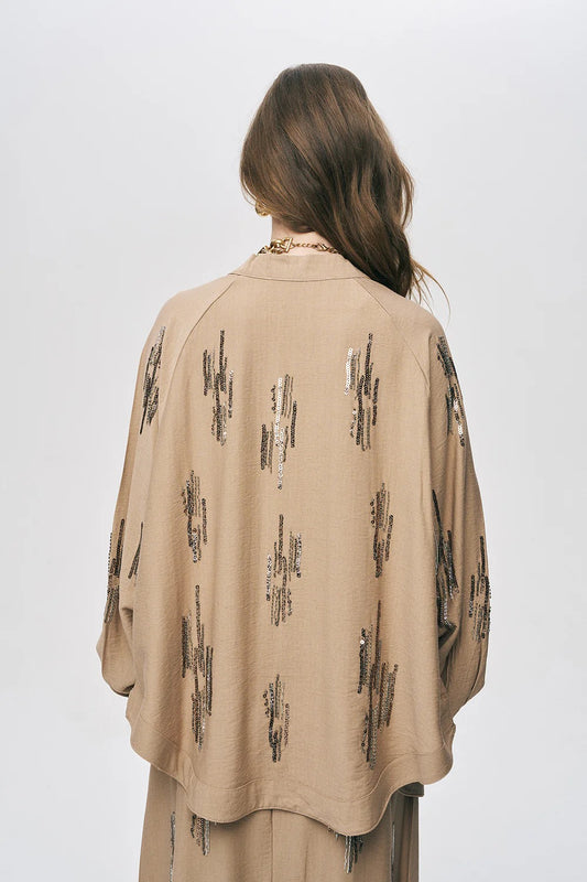 Glow Sequin & Beaded Oversized Viscose Kimono – Camel