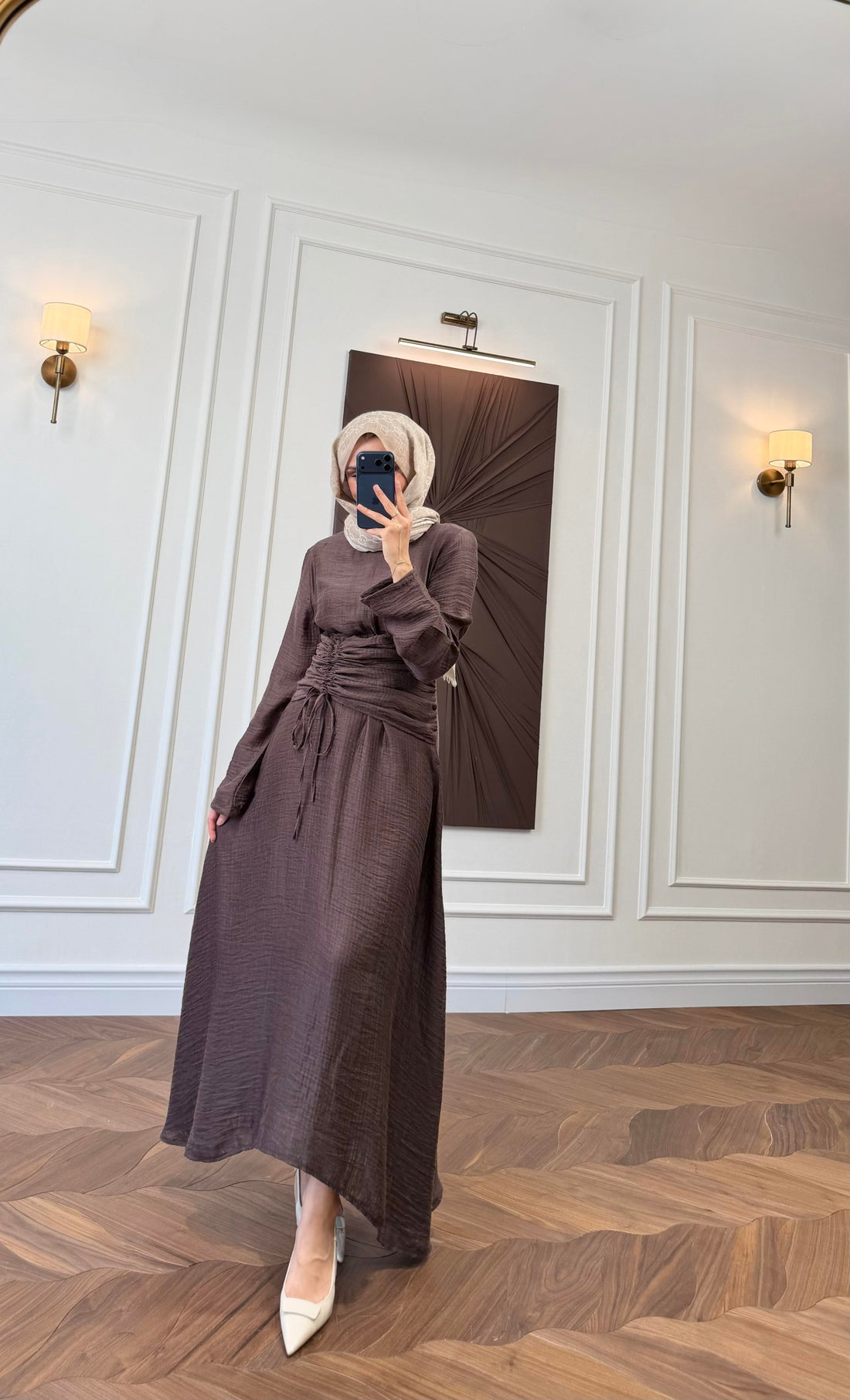 Brown Ruched Drawstring Waist Maxi Dress with Flared Sleeves