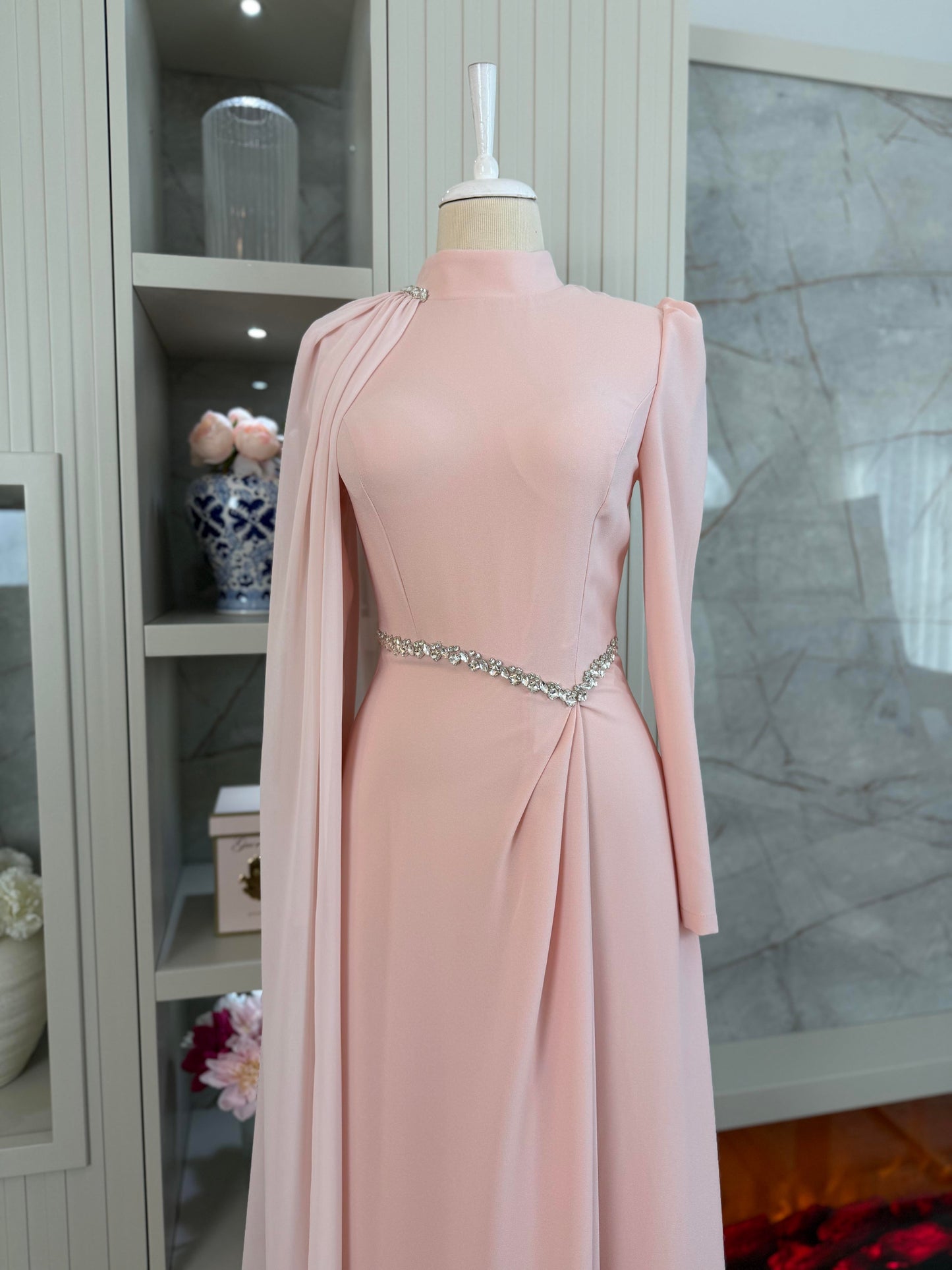Lucy Pink Pleated Gown | Stone Embellished Cape & Belted Maxi Dress