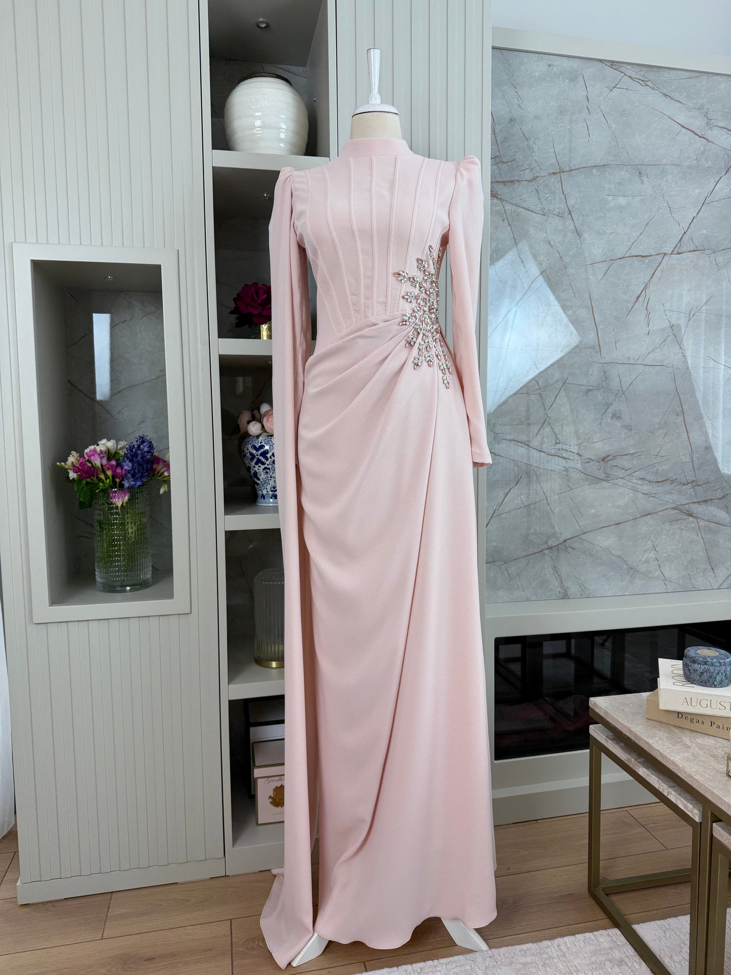 Poudra Beaded Long Sleeve Evening Gown