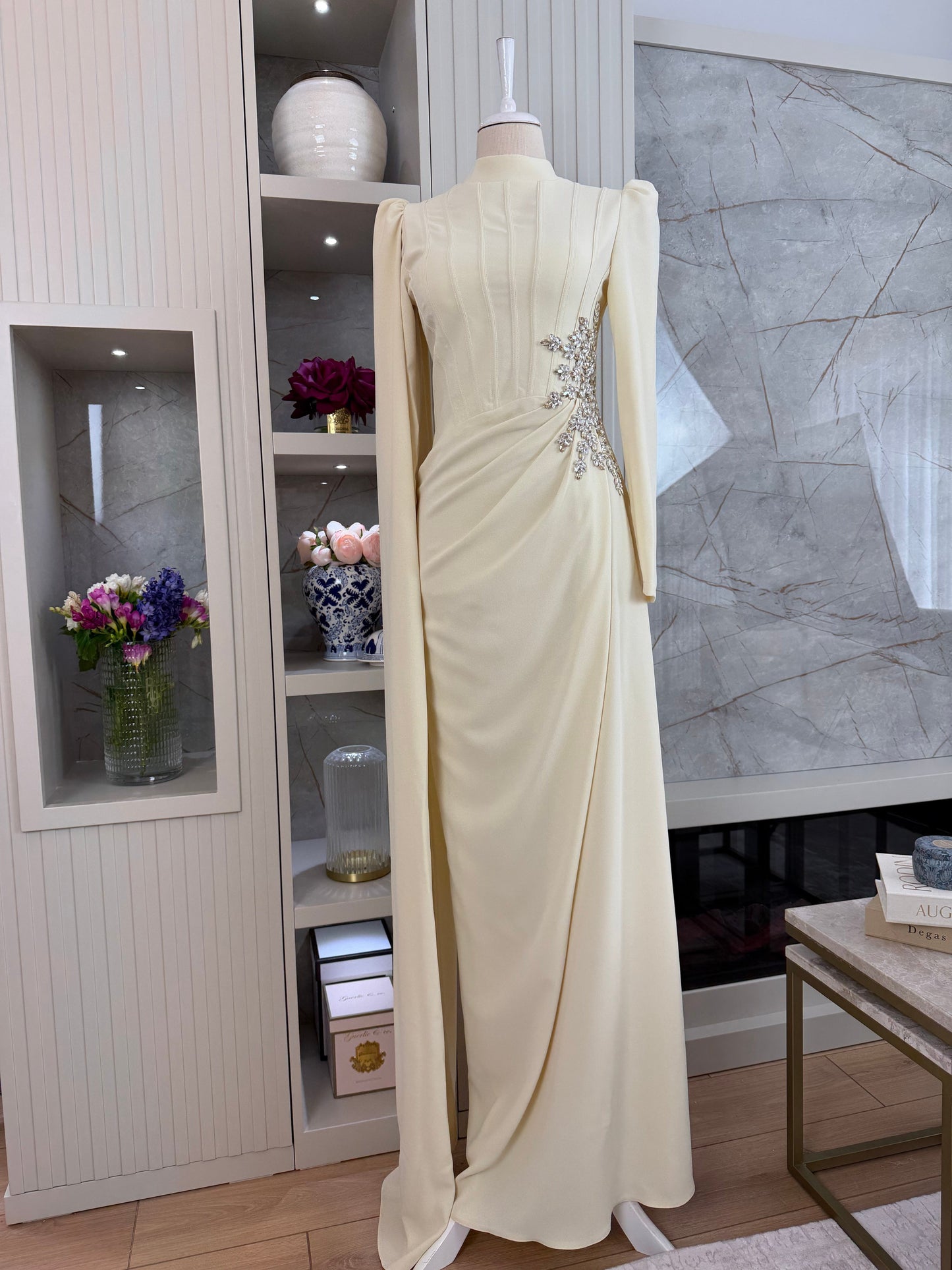 Yellow Beaded Long Sleeve Evening Gown