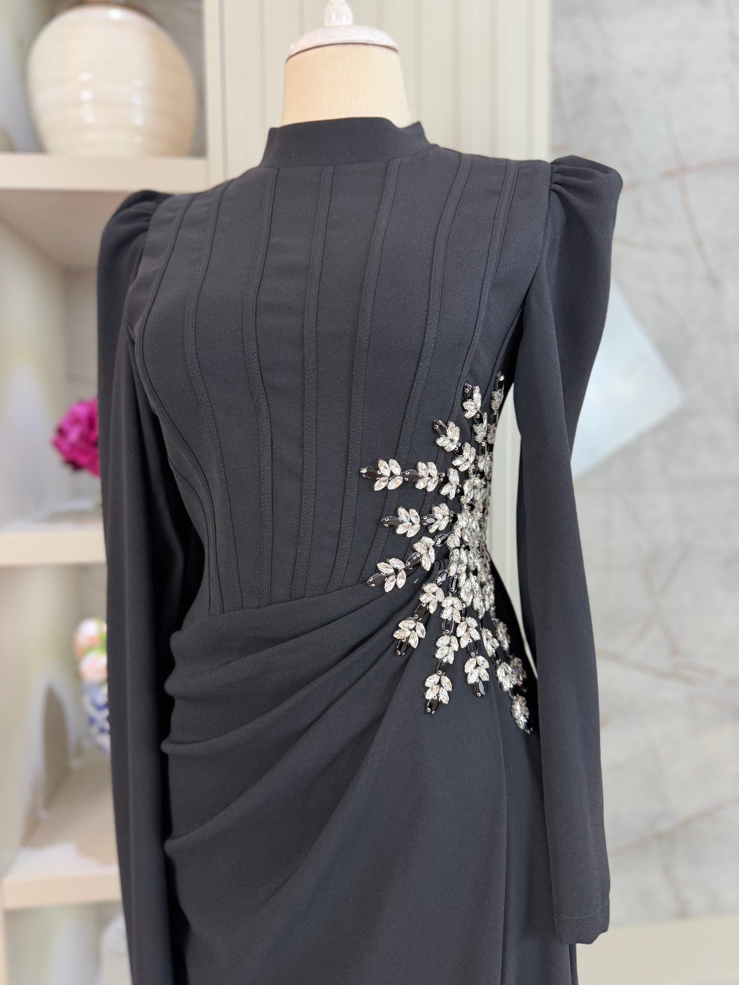 Black Beaded Long Sleeve Evening Gown