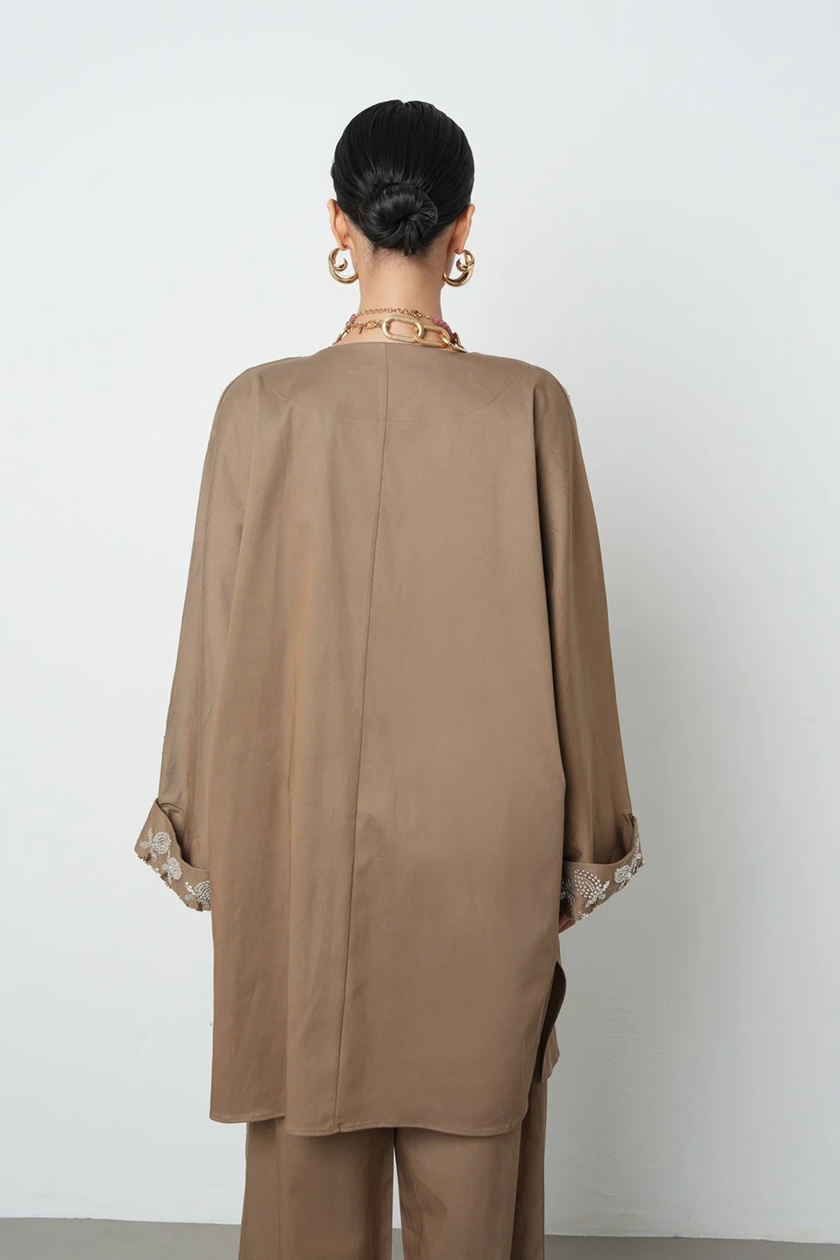 Limited Collection Beaded Collar & Sleeve Detail Oversized Long Kimono – Earth Tone