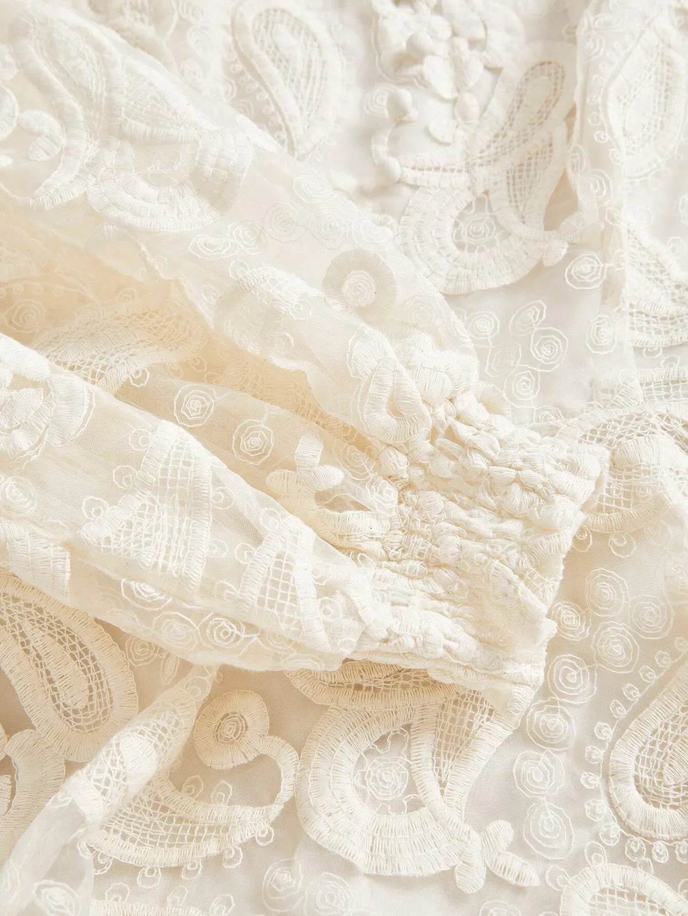 Stand‑Collar Mesh Embroidered Lantern‑Sleeve Dress – White