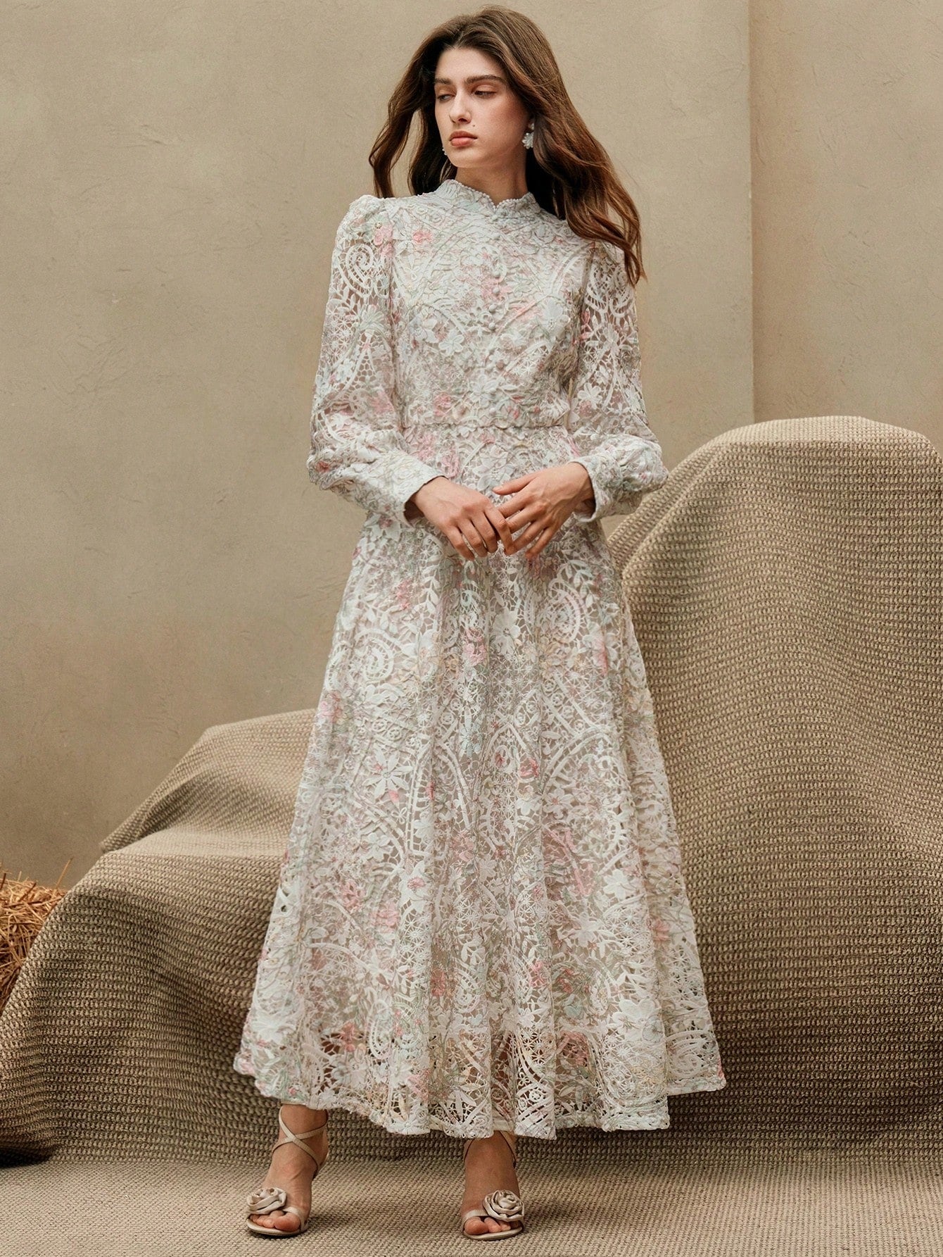 Watercolor Print Patchwork A-Line Dress with Lantern Sleeves & Embroidered Collar