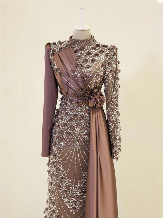 Darelia Textured Feather-Effect Gown- Brown