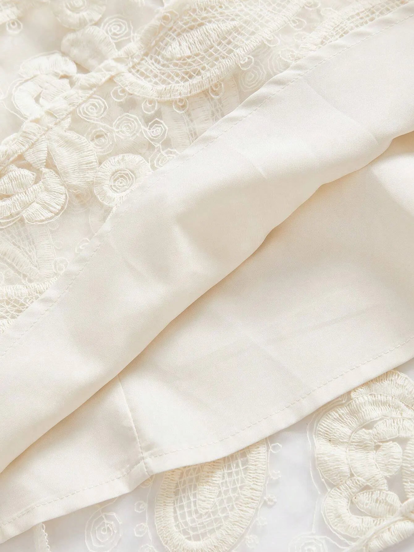 Stand‑Collar Mesh Embroidered Lantern‑Sleeve Dress – White