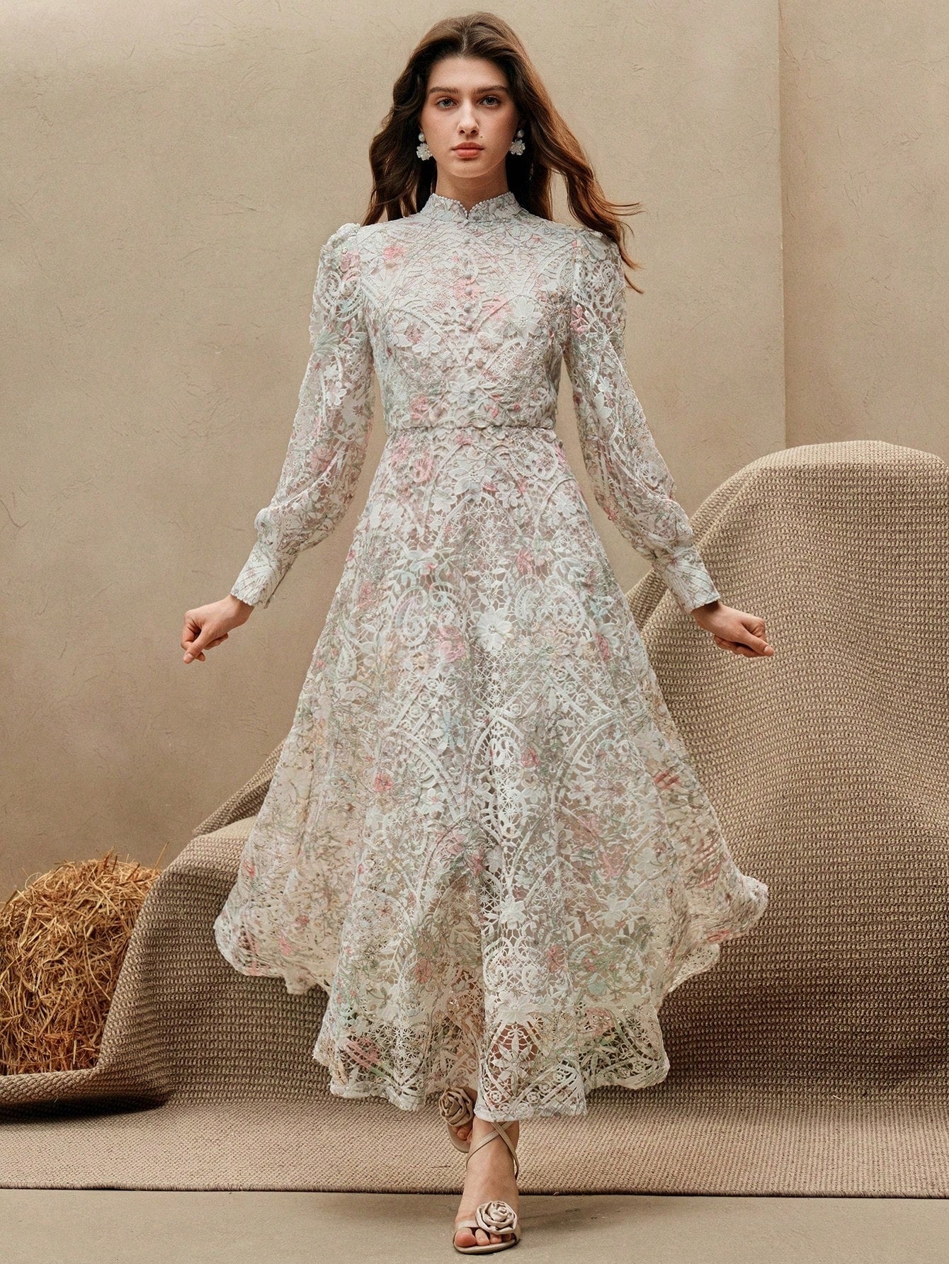 Watercolor Print Patchwork A-Line Dress with Lantern Sleeves & Embroidered Collar