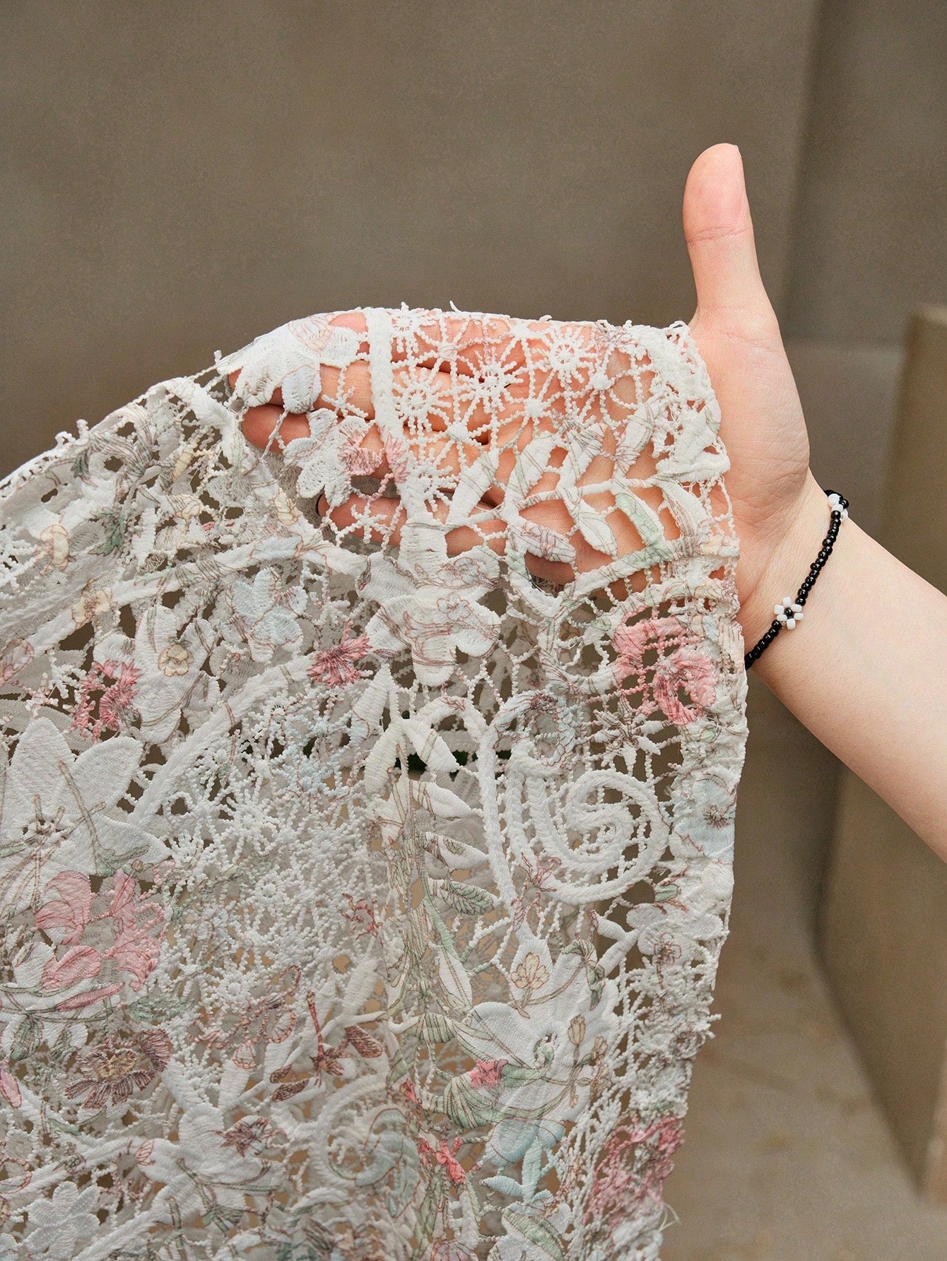 Watercolor Print Patchwork A-Line Dress with Lantern Sleeves & Embroidered Collar