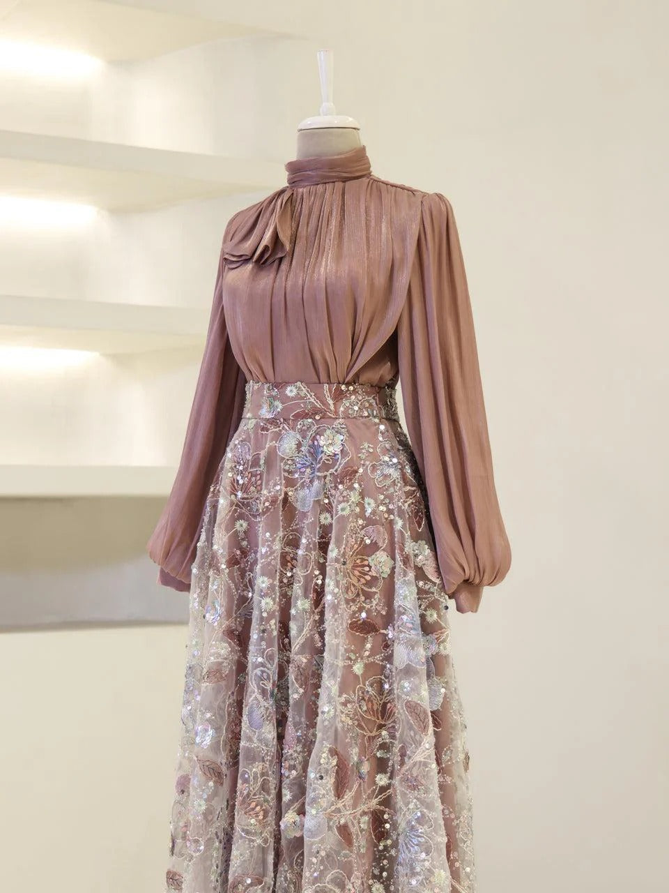 Lisbonne Orchid & Embroidery Modest Evening Gown - Rose