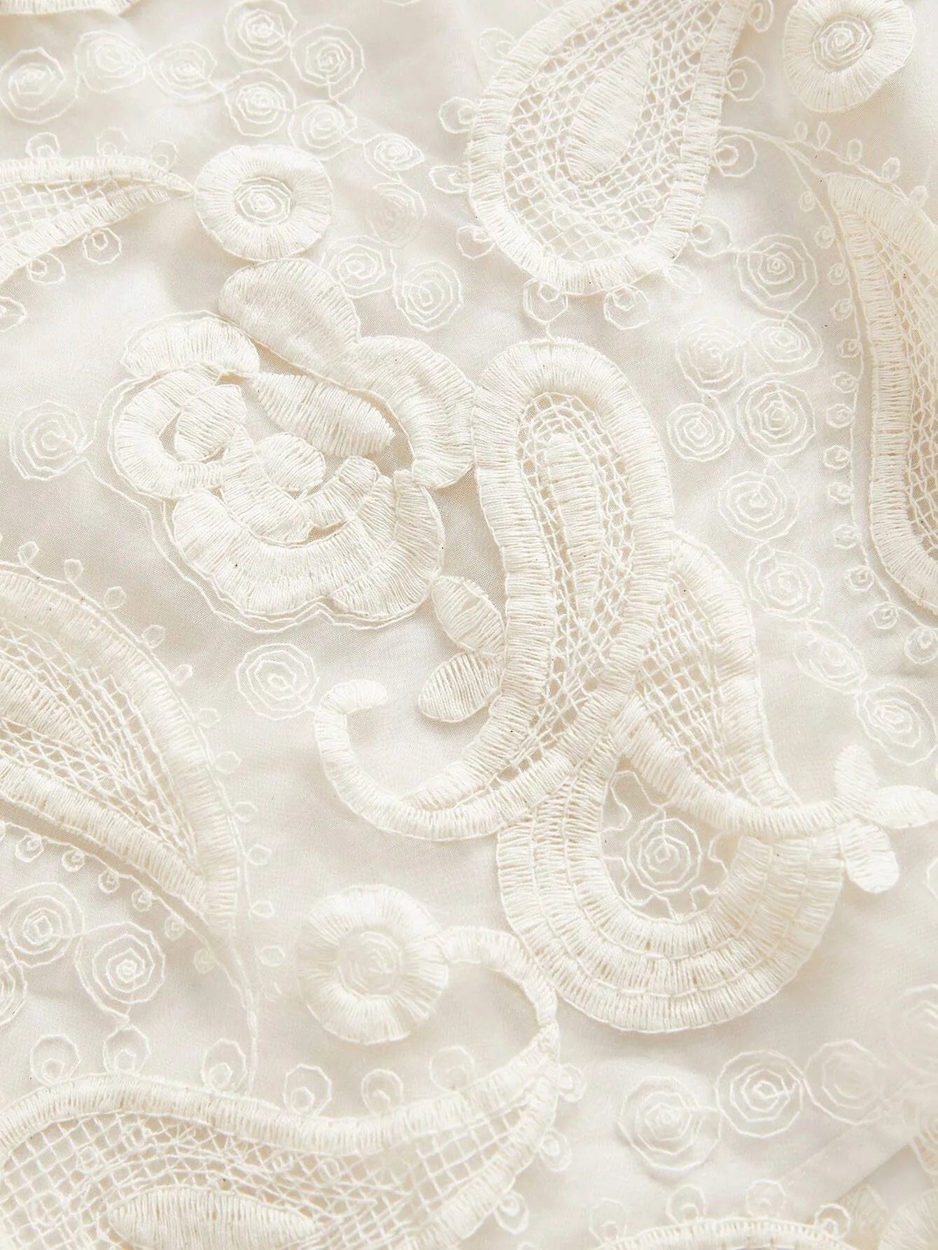 Stand‑Collar Mesh Embroidered Lantern‑Sleeve Dress – White