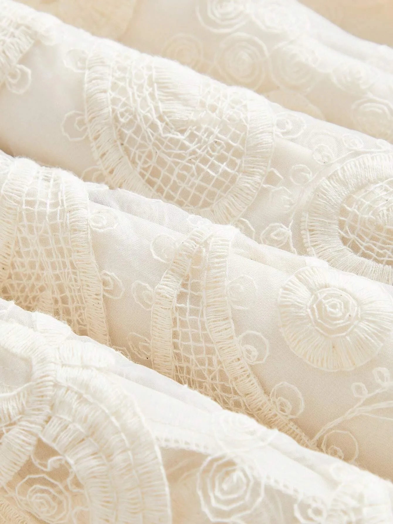 Stand‑Collar Mesh Embroidered Lantern‑Sleeve Dress – White