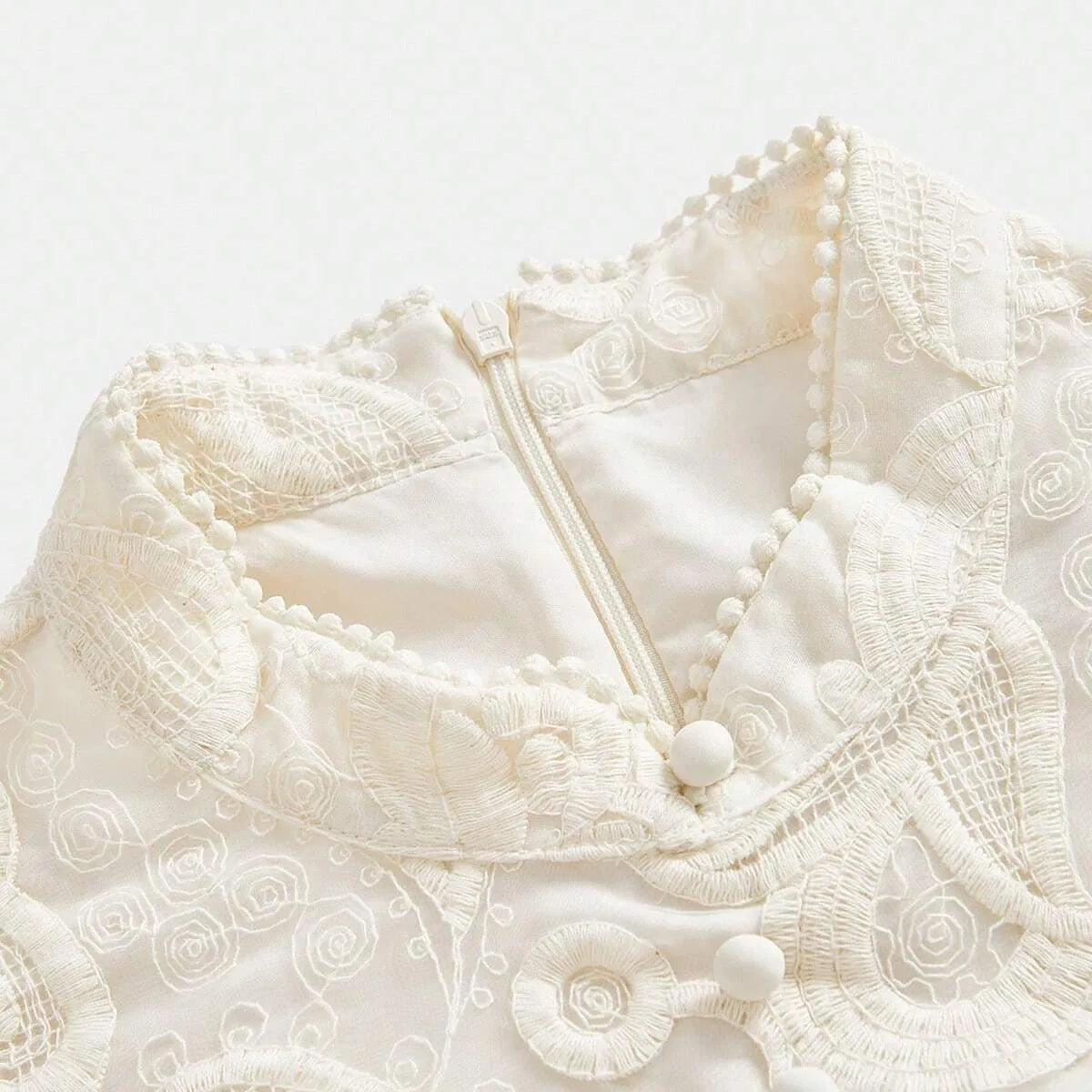 Stand‑Collar Mesh Embroidered Lantern‑Sleeve Dress – White