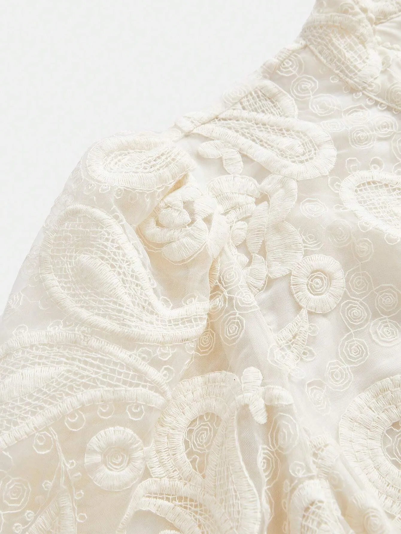 Stand‑Collar Mesh Embroidered Lantern‑Sleeve Dress – White