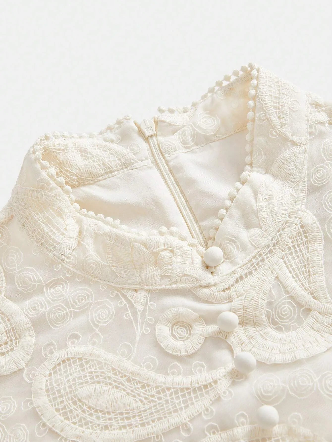 Stand‑Collar Mesh Embroidered Lantern‑Sleeve Dress – White