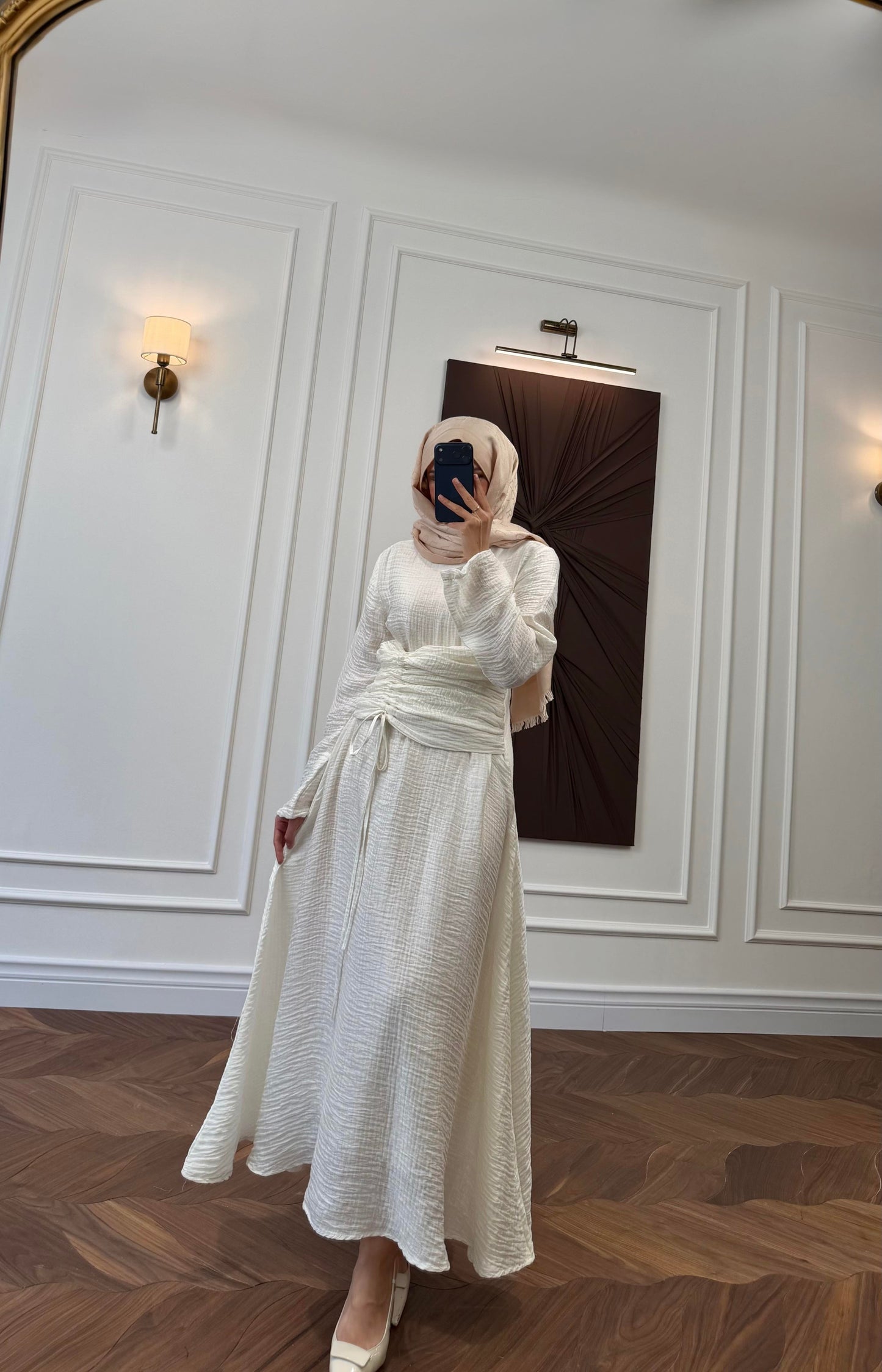 Off White Ruched Drawstring Waist Maxi Dress with Flared Sleeves