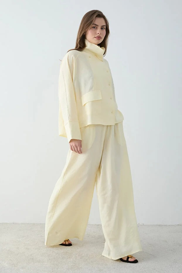 Yellow 100% Cotton Mock-Neck Shirt & Wide-Leg Pants Co-ord Set