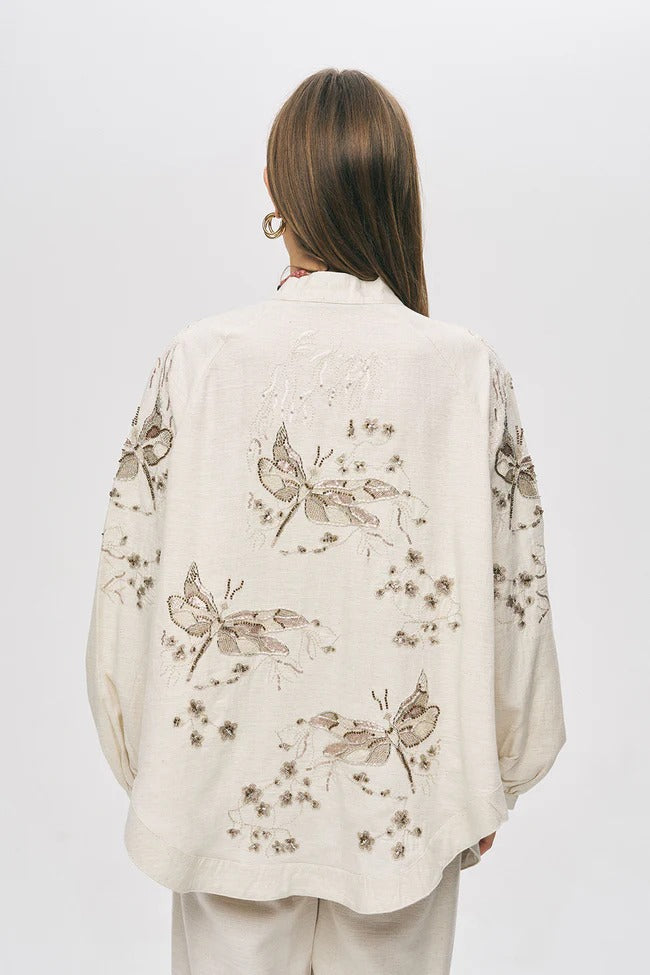 Limited Collection Butterfly Embroidered Cotton-Linen Oversized Kimono – Natur