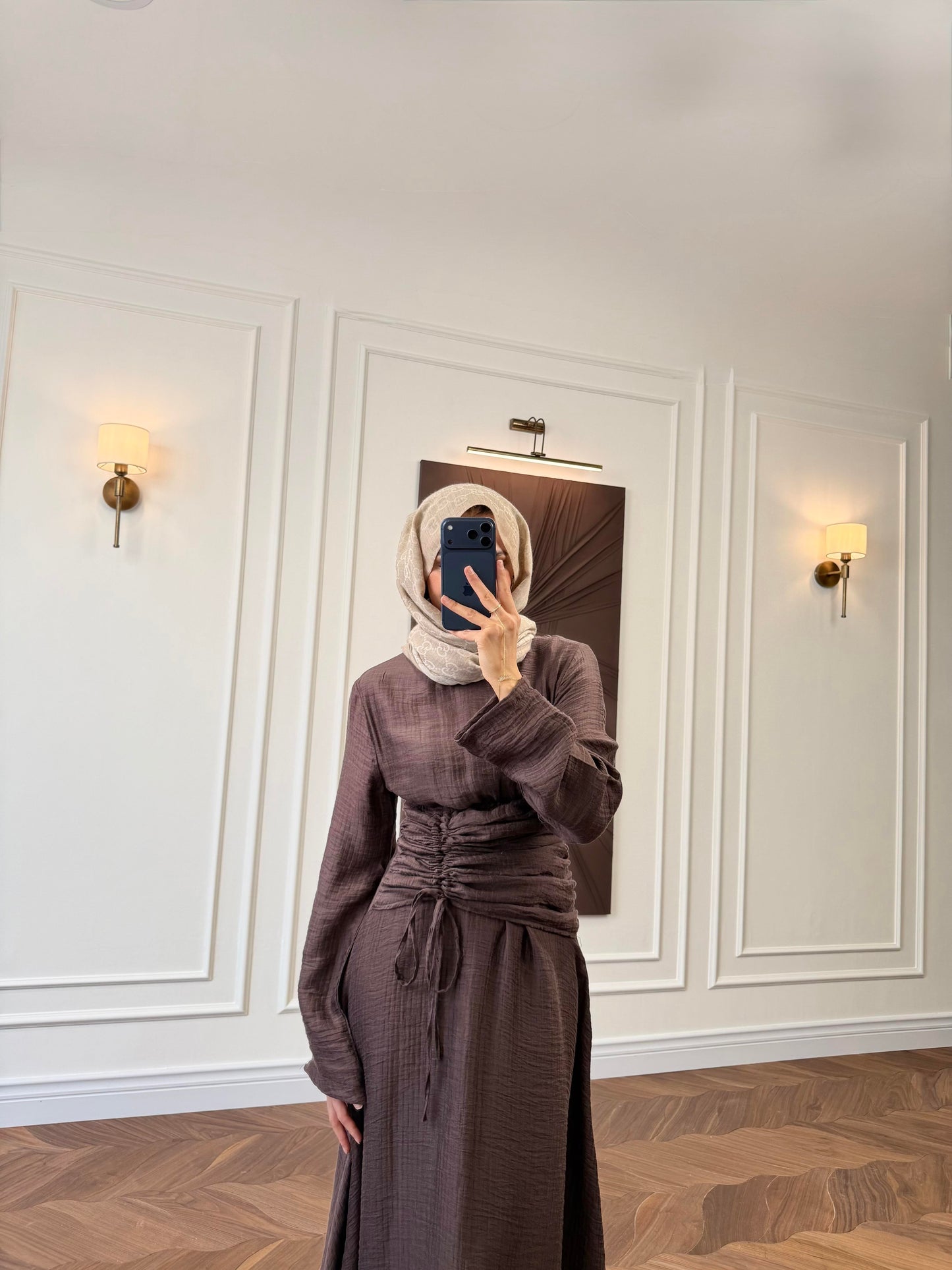 Brown Ruched Drawstring Waist Maxi Dress with Flared Sleeves